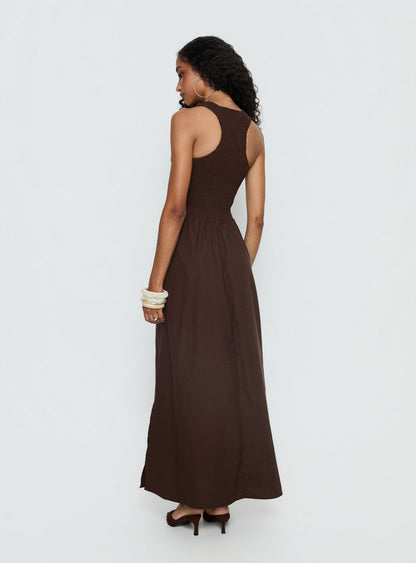 Highgate Drop Waist Pleat Detail Maxi Dress Chocolate