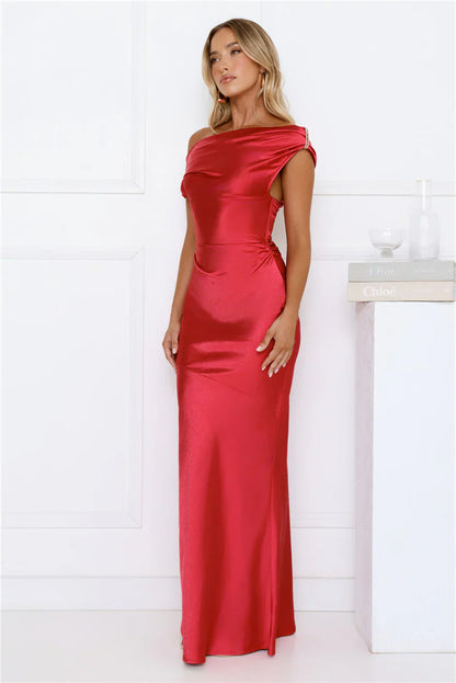 She’s A Dream Satin Off Shoulder Maxi Dress Red