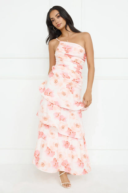 Petal Whirl One Shoulder Maxi Dress Pink