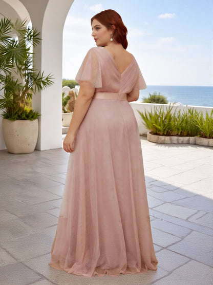Cicinia V-neck Dusty Rose Bridesmaid Dresses With Sleeves Plus Size Long Tulle A-line Floor Length Pleats