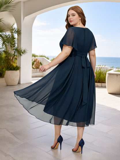 Cicinia Dark Navy Plus Size Bridesmaid Dresses Long Chiffon A-line V-neck Tea Length