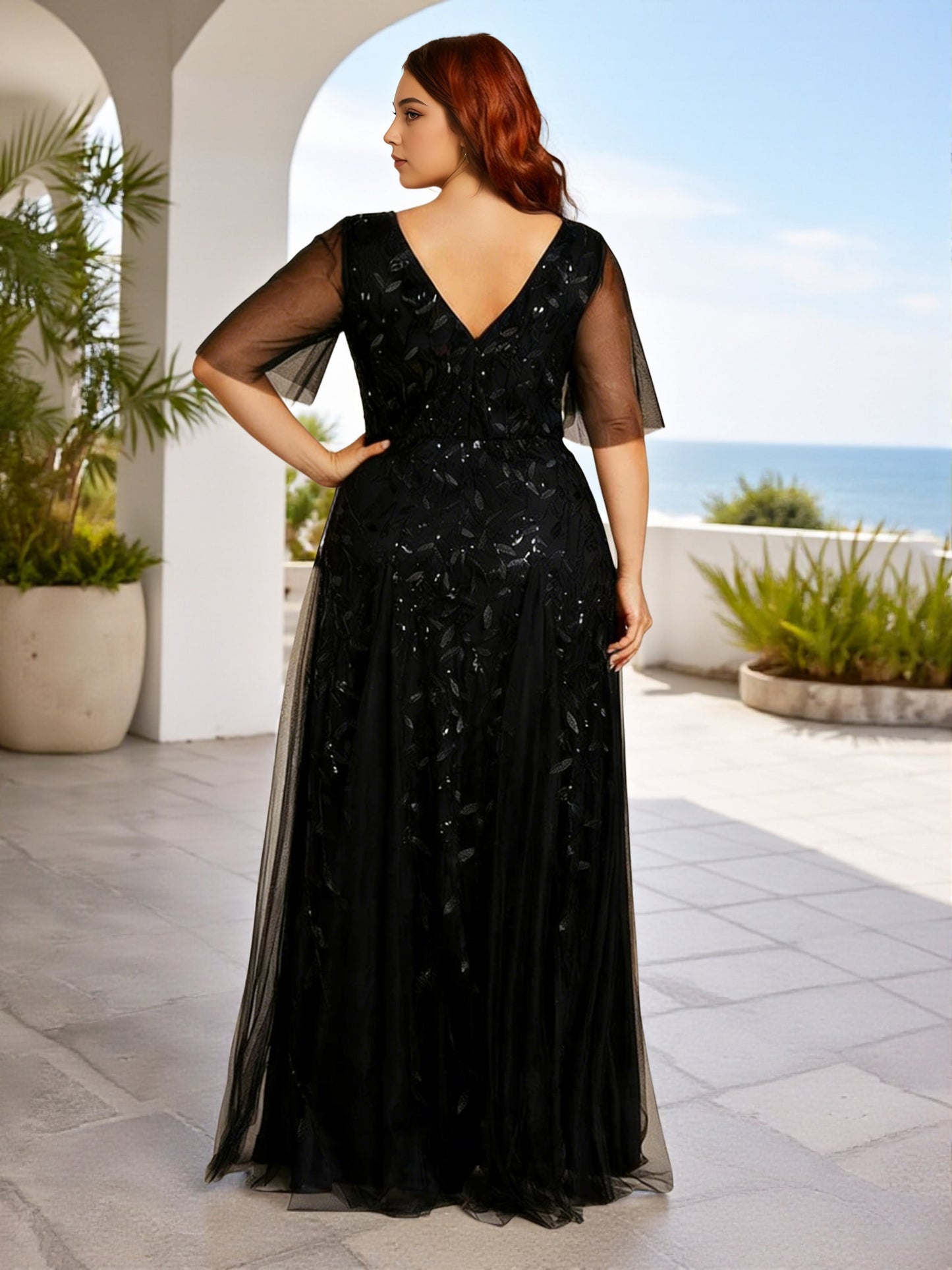 Cicinia Plus Size Sequin Shiny Black Bridesmaid Dresses Long Lace Tulle A-line Floor Length V-neck