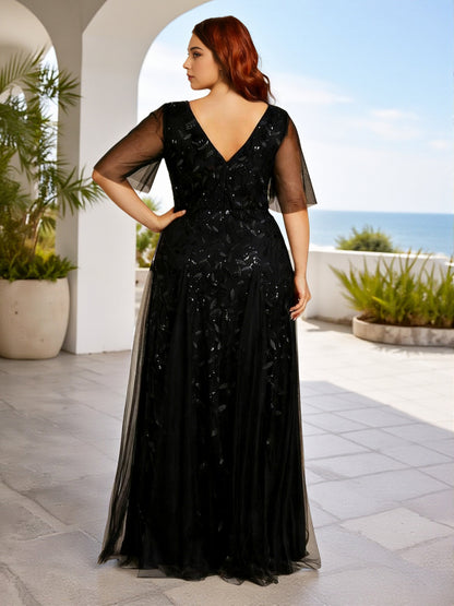 Cicinia Plus Size Sequin Shiny Black Bridesmaid Dresses Long Lace Tulle A-line Floor Length V-neck