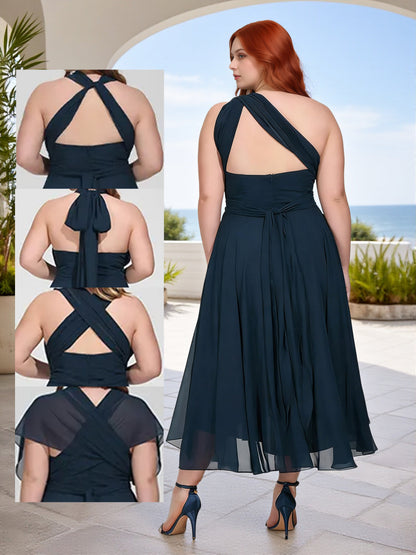 Cicinia Plus Size Dark Navy Bridesmaid Dresses Long Chiffon A-line Tea Length Simple Dress