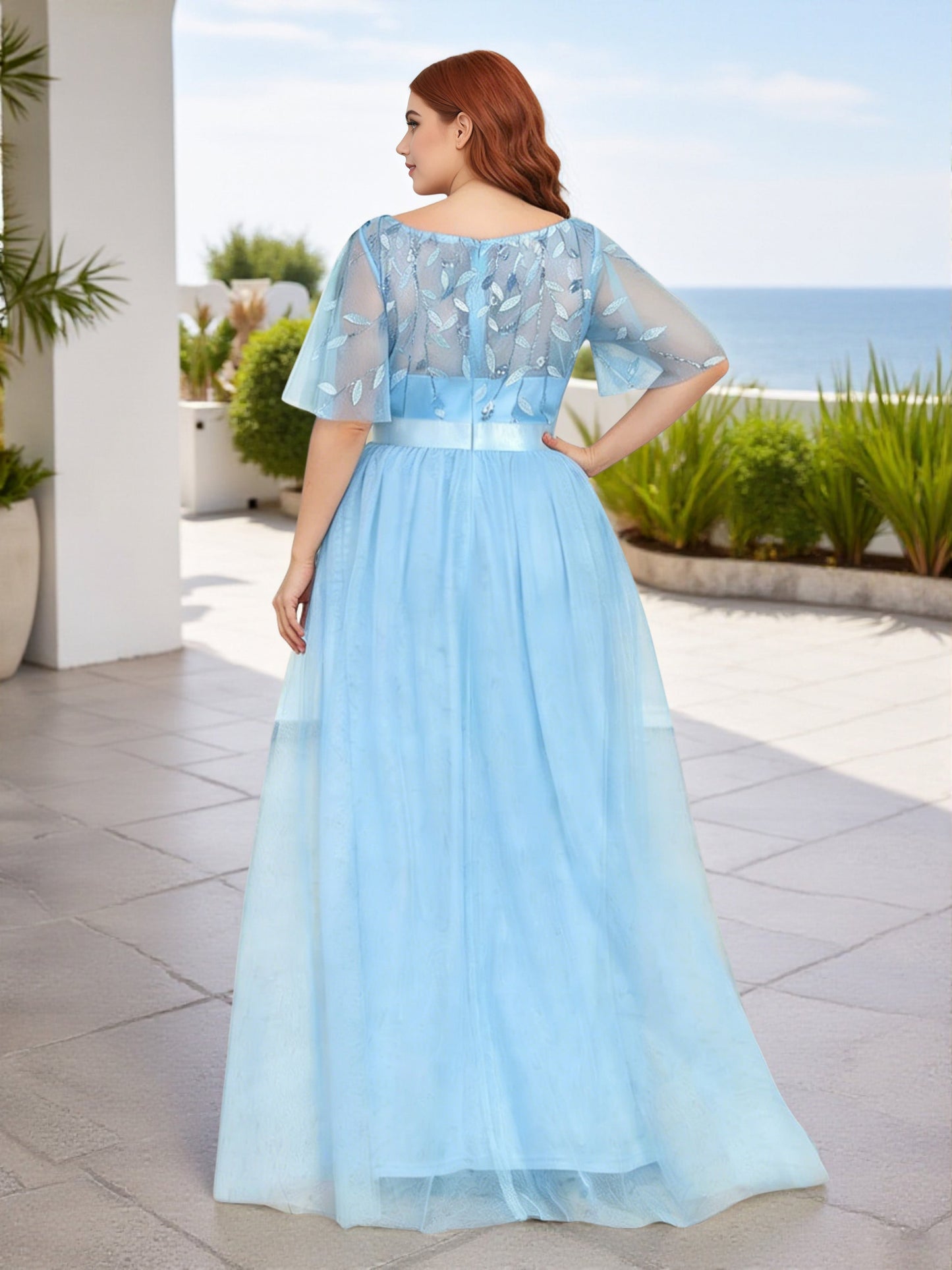 Cicinia Plus Size Sky Blue Bridesmaid Dresses With Sleeves Long Lace Tulle A-line Floor Length