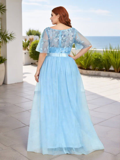 Cicinia Plus Size Sky Blue Bridesmaid Dresses With Sleeves Long Lace Tulle A-line Floor Length