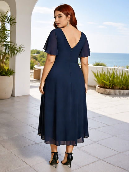 Cicinia Plus Size Dark Navy Bridesmaid Dresses With Sleeves Long Chiffon A-line V-neck Tea Length