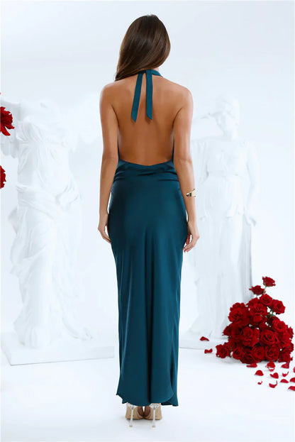 Hot Girl Soirée Halter Satin Midi Dress Teal