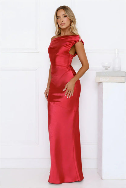 She’s A Dream Satin Off Shoulder Maxi Dress Red