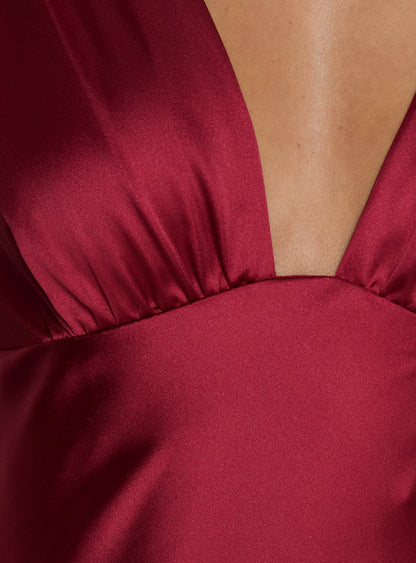 False Alarm Plunge Asymmetrical Pleat Maxi Dress Red