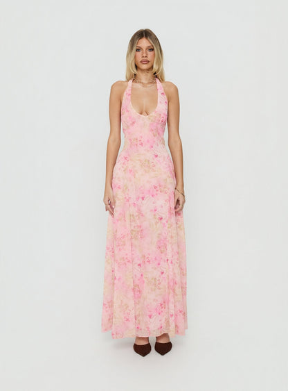 Dandelions Halter Maxi Dress Pink Floral