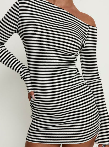 Journi Off Shoulder Long Sleeve Mini Dress Black / White Stripe