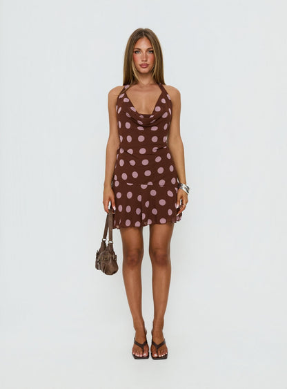 Karolie Halter Plunge Mini Dress Brown / Lilac Polka Dot