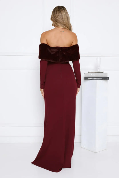 Glow In The Snow Faux Fur Off Shoulder Maxi Dress Wine