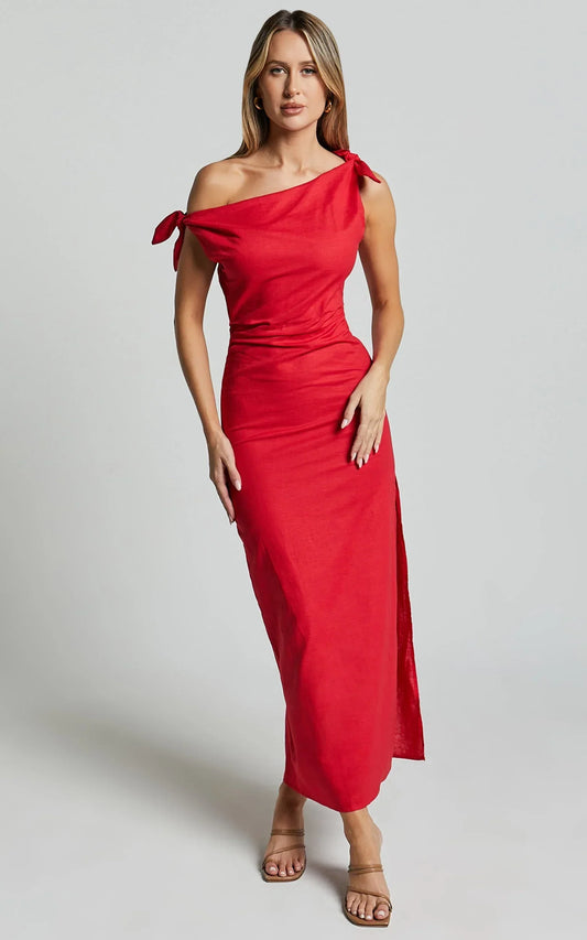 Cincinnati Midi Dress - Off The Shoulder Side Split Column Linen Dress in Red