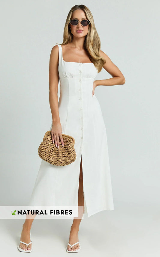 Cameron Midi Dress - Button Front Tie Back Dress in White