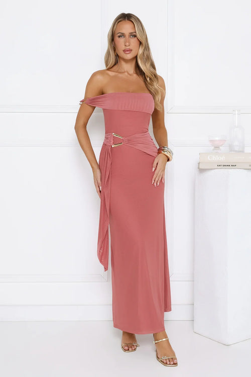 Late Night Kiss Off Shoulder Maxi Dress Rose