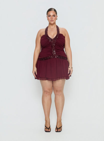 Aisleigh Sequin Halter Mini Dress Berry Curve