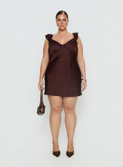 Kamillah Frill Mini Dress Burgundy Polka Dot Curve