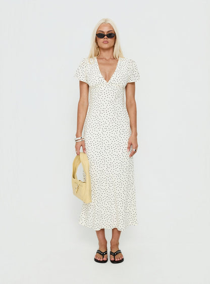 Mareiko V Neck Maxi Dress Cream Polka Dot