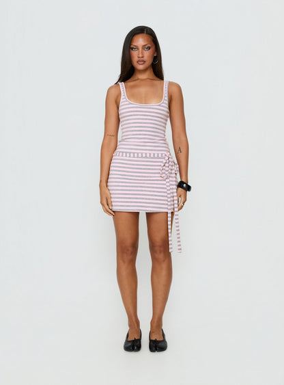 Favourite Daughter Tie Detail Mini Dress Pink / Grey Stripe