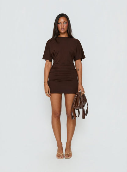 Hunni Ruched Shirt Mini Dress Brown