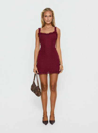 Steffi Frill Lace Mini Dress Burgundy
