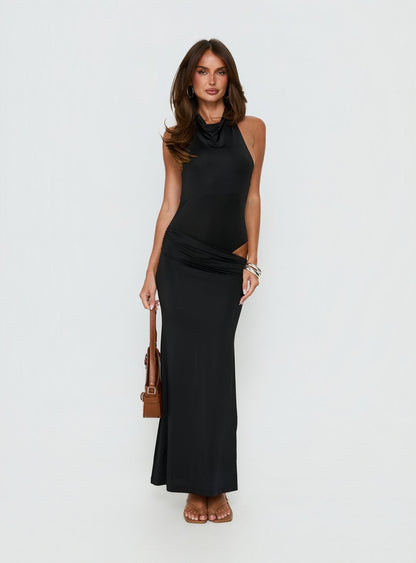 Arabel Halter Cowl Neck Maxi Dress Black