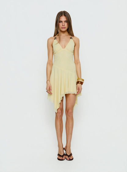 Rush Beaded Asymmetrical Halter Mini Dress Yellow