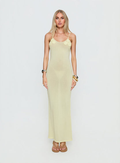 Cinderella Knit Floral Detail Maxi Dress Lemon Yellow