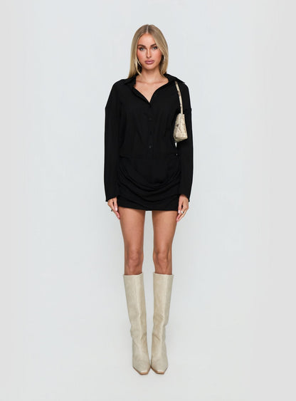 Tareno Long Sleeve Shirt Dress Black