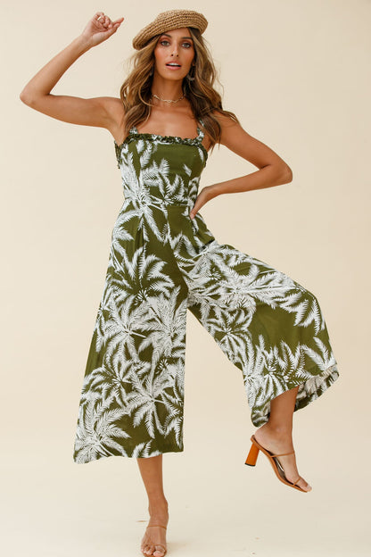 Magdalene Frill Strap Midi Jumpsuit Palm Print Olive