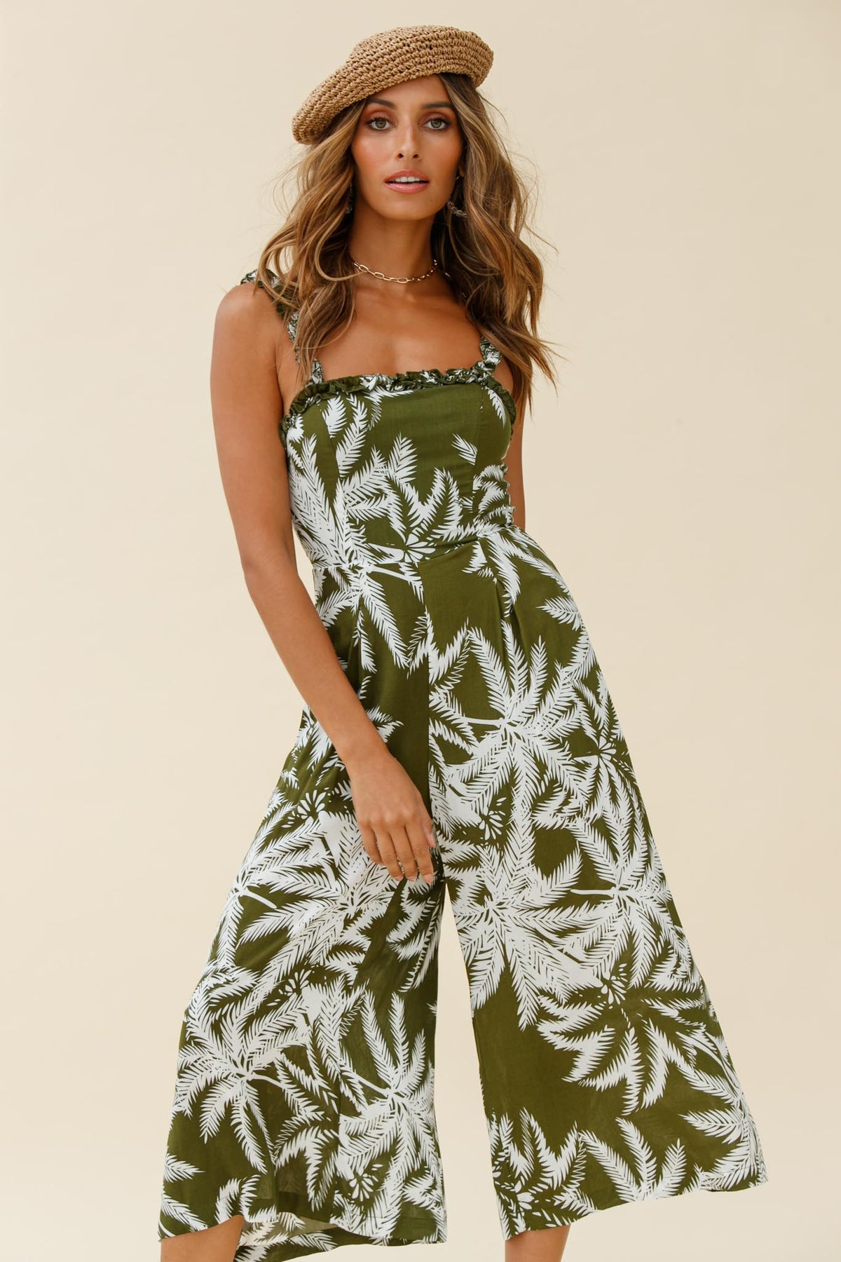 Magdalene Frill Strap Midi Jumpsuit Palm Print Olive