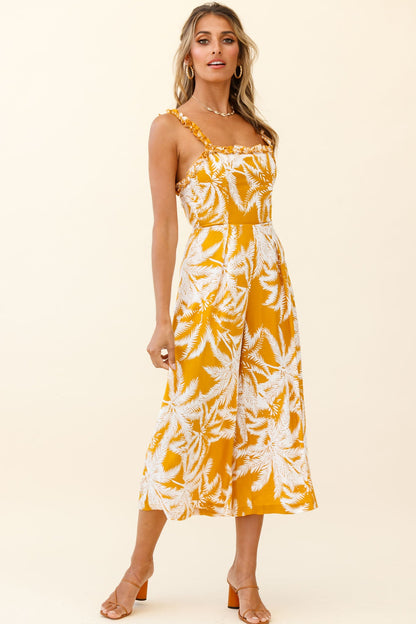 Magdalene Frill Strap Midi Jumpsuit Palm Print Yellow