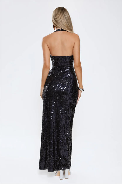 Sparked Up Sequin Halter Maxi Dress Navy