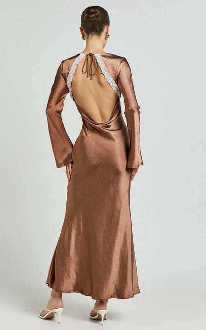 Carmela Midi Dress - Long Sleeve V Neck Lace Detail Dress in Chocolate
