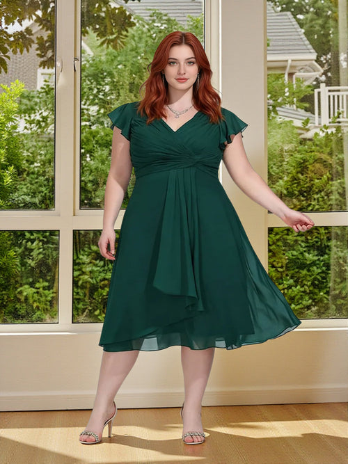 Cicinia Dark Green Bridesmaid Dresses Plus Size Short Chiffon A-line V-neck Knee Length