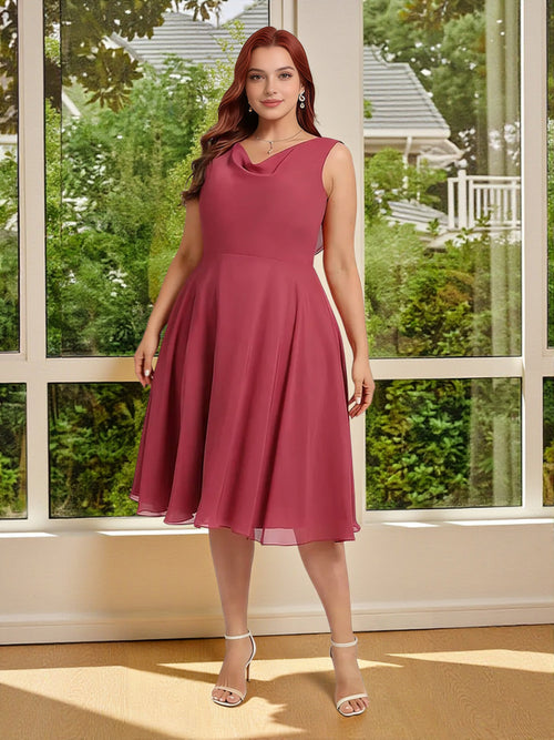 Cicinia Cinnamon Rose Bridesmaid Dresses Plus Size Short Chiffon A-line Cowl Neckline Knee Length