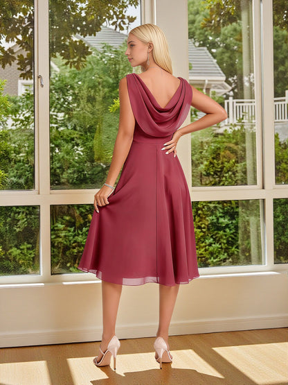 Cicinia Cinnamon Rose Bridesmaid Dresses Short Chiffon A-line Cowl Neckline Knee Length