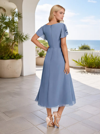 Cicinia Slate Blue Bridesmaid Dresses Short Chiffon A-line V-neck Flutter Sleeves Tea Length