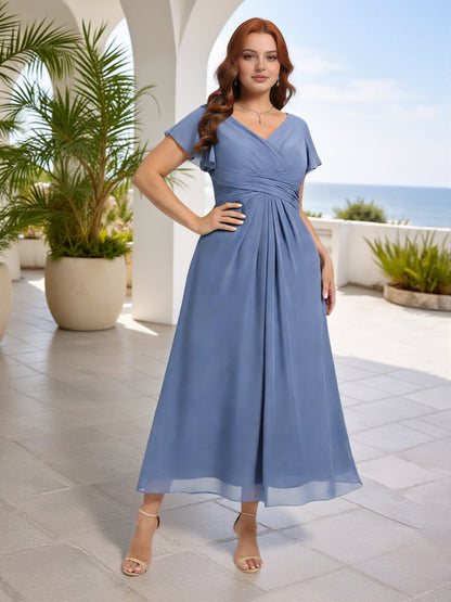Cicinia Slate Blue Bridesmaid Dresses Short Chiffon A-line V-neck Flutter Sleeves Tea Length Plus Size