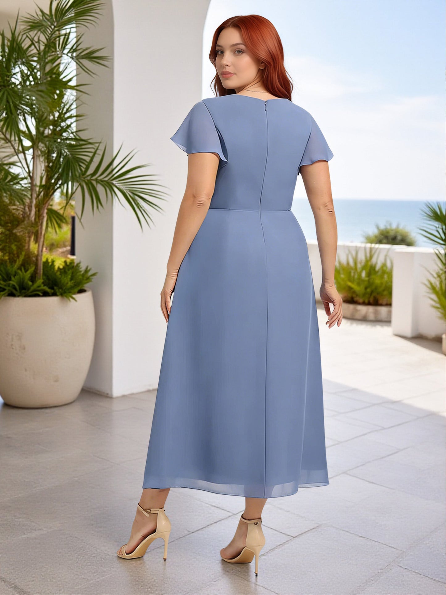 Cicinia Slate Blue Bridesmaid Dresses Short Chiffon A-line V-neck Flutter Sleeves Tea Length Plus Size