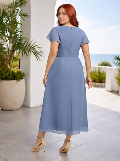 Cicinia Slate Blue Bridesmaid Dresses Short Chiffon A-line V-neck Flutter Sleeves Tea Length Plus Size