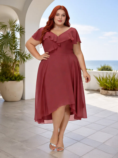 Cicinia Cinnamon Rose Plus Size Bridesmaid Dresses Short Chiffon A-line V-neck Tea Length High Low Hemline