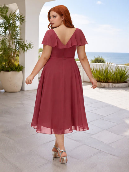 Cicinia Cinnamon Rose Plus Size Bridesmaid Dresses Short Chiffon A-line V-neck Tea Length High Low Hemline