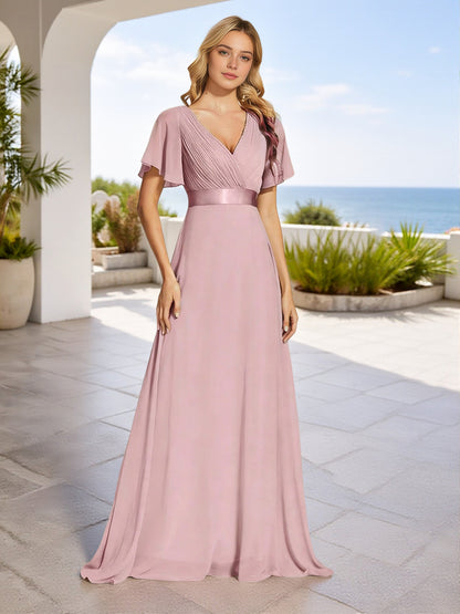 Cicinia Dusty Rose Bridesmaid Dresses Long Chiffon A-line V-neck Floor Length Pleats