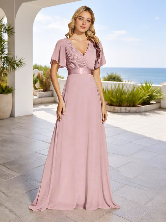 Cicinia Dusty Rose Bridesmaid Dresses Long Chiffon A-line V-neck Floor Length Pleats