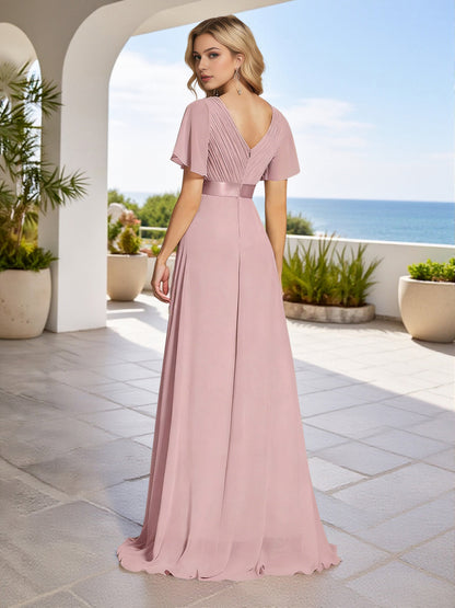 Cicinia Dusty Rose Bridesmaid Dresses Long Chiffon A-line V-neck Floor Length Pleats