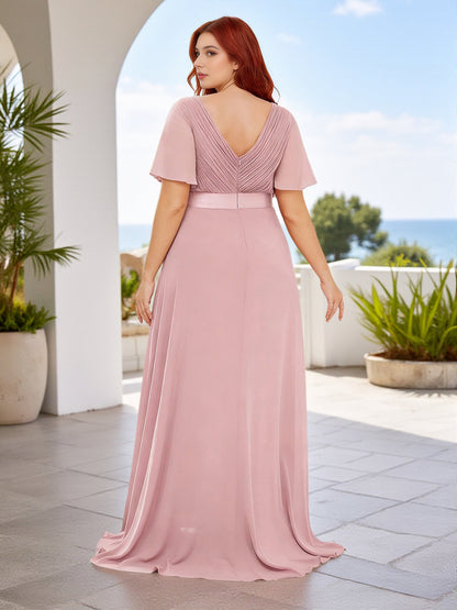 Cicinia Dusty Rose Bridesmaid Dresses Long Chiffon A-line V-neck Floor Length Pleats Plus Size
