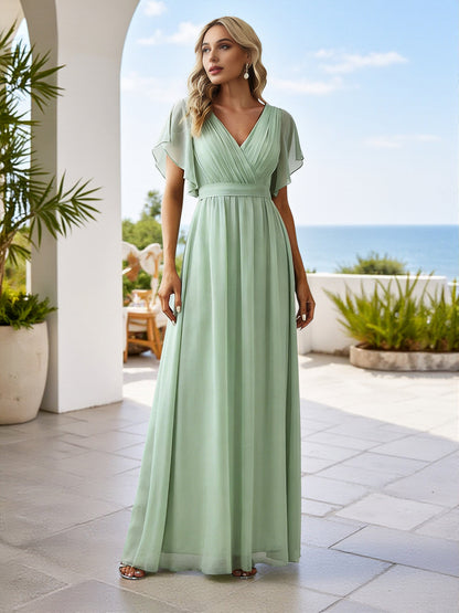 Cicinia Floor Length Chiffon Dusty Sage Bridesmaid Dresses Long A-line V-neck Pleats